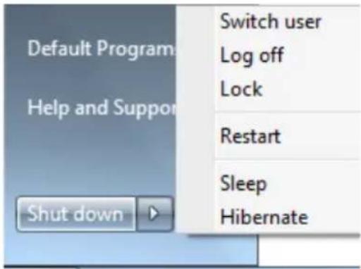 Default Program Help and Support Shut down Switch user Log off Lock Restart Sleep Hibernate