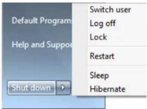 Default Program Help and Support Shut down Switch user Log off Lock Restart Sleep Hibernate