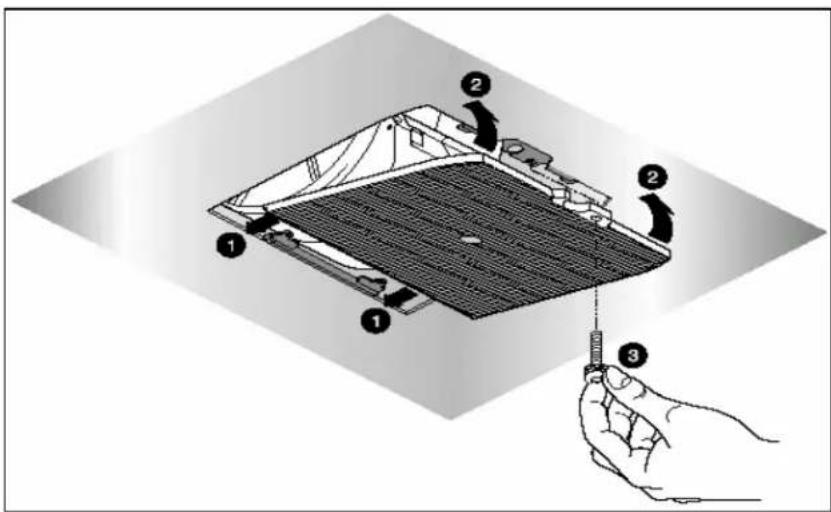 Diagram illustrating a mechanical assembly with numbered components and a hand holding a tool, likely illustrating a cutting or disassembly process.