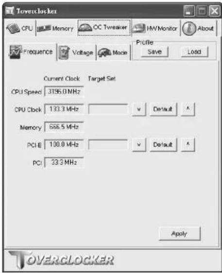 Toverclock CPU Memory OC Twreaker HV/Monitor About Frequency Voltage Mode Profile Save Load Current Clock Target Set CPU Speed 3196.0 MHz CPU Clock 133.3 MHz v Default x Memory 686.5 MHz PCI E 100.0 MHz v Default x PCI 33.3 MHz Apply OVERCLOCKER