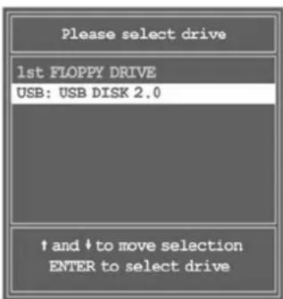 Please select drive 1st FLOPPY DRIVE USB: USB DISK 2.0 ↑ and ↓ to move selection ENTER to select drive