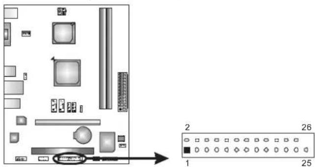 Diagram showing a layout of electronic components with labeled parts and an arrow pointing to a 26-pin connector panel.