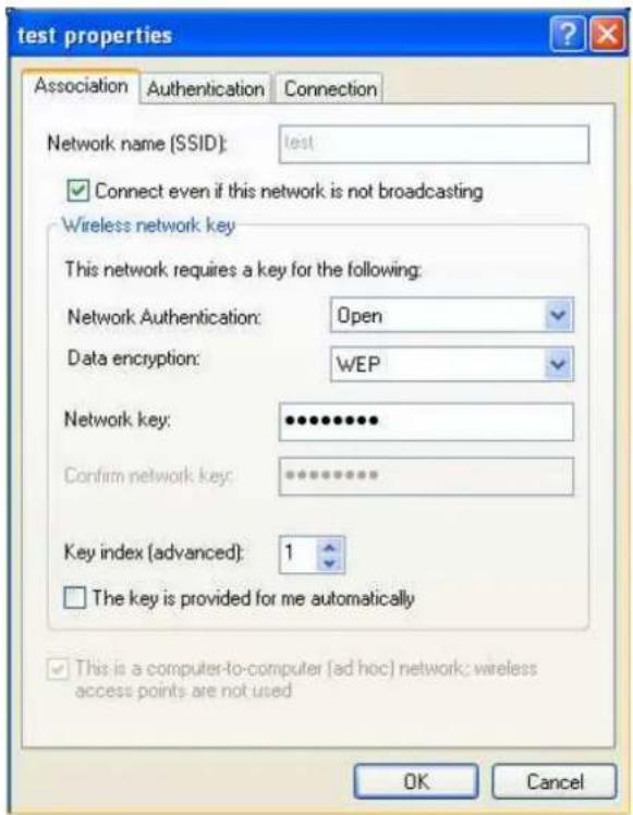 test properties Association Authentication Connection Network name (SSID): test Connect even if this network is not broadcasting Wireless network key This network requires a key for the following: Network Authentication: Open Data encryption: WEP Network key: ••••••••• Confirm network key: •••••••••…