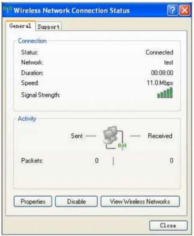 Wireless Network Connection Status General Support Connection Status: Connected Network: test Duration: 00:08:00 Speed: 11.0 Mbps Signal Strength: Activity Sent — Received Packets: 0 | 0 Properties Disable View Wireless Networks Close