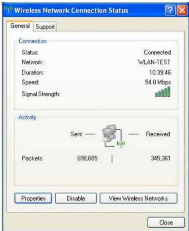 Wireless Network Connection Status General Support Connection Status: Connected Network: WLAN-TEST Duration: 10:39:46 Speed: 54.0 Mbps Signal Strength: Activity Sent — Received Packets: 698,685 | 345,361 Properties Disable View Wireless Networks Close