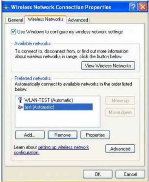Wireless Network Connection Properties General Wireless Networks Advanced Use Windows to configure my wireless network settings Available networks: To connect to, disconnect from, or find out more information about wireless networks in range, click the button below. View Wireless Networks Preferred…