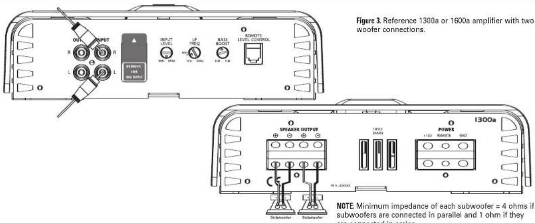 Figure 3. Reference 1300a or 1600a amplifier with two woofer connections. OUTPUT INPUT R R L L REMOVE FOR UPS INPUT INPUT LEVEL MAX LP FREQ TLE TONL BASS BOOST RIMOTIE LEVEL CONTROL SPEAKER OUTPUT FUSO3 DRAX POWER +/-2V REMOTIE GND 1300a SUBWATER Subwarker NOTE: Minimum impedance of each subwoofer = 4 ohms if subwoofers are connected in parallel and 1 ohm if they are connected in series.