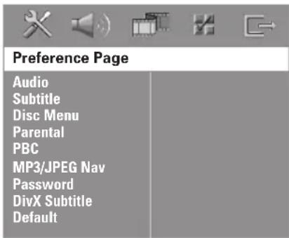 Preference Page Audio Subtitle Disc Menu Parental PBC MP3/JPEG Nav Password DivX Subtitle Default