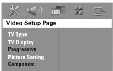 Video Setup Page TV Type TV Display Progressive Picture Setting Component
