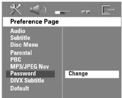 Preference Page Audio Subtitle Disc Menu Parental PBC MP3/JPEG Nav Password DIVX Subtitle Default Change