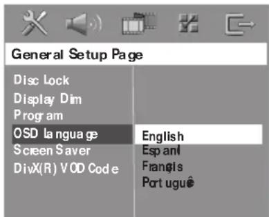 General Setup Page Disc Lock Display Dim Program OSD language Screen Saver DivX(R) VOD Code English Españl Francis Port ugue
