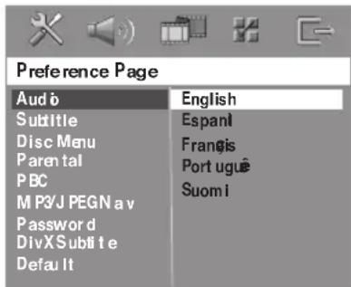 Preference Page Audio English Subtitle Espani Disc Menu Françis Parental Port ugue PBC Suomi M P3/J PEGN a v Password DivX Subfite Default