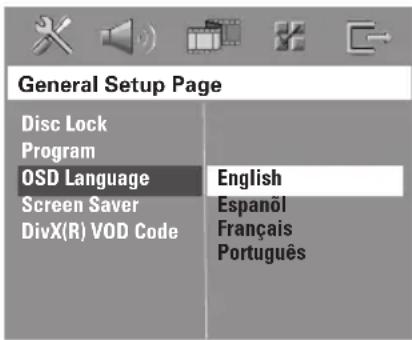 General Setup Page Disc Lock Program OSD Language Screen Saver DivX(R) VOD Code English Espanöl Français Português