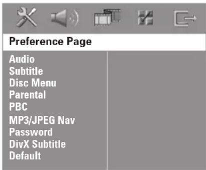 Preference Page Audio Subtitle Disc Menu Parental PBC MP3/JPEG Nav Password DivX Subtitle Default