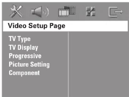 Video Setup Page TV Type TV Display Progressive Picture Setting Component
