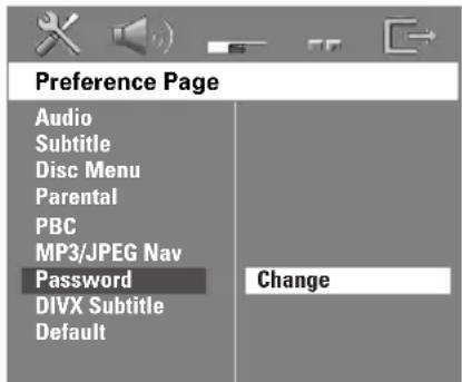 Preference Page Audio Subtitle Disc Menu Parental PBC MP3/JPEG Nav Password DIVX Subtitle Default Change