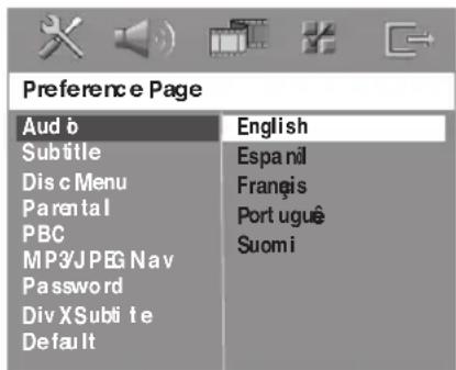 Preference Page Audio English Subtitle Espanil Disc Menu Françis Parental Port ugue PBC Suomi MP3\JPEG Nav Password Div X Subti te Default