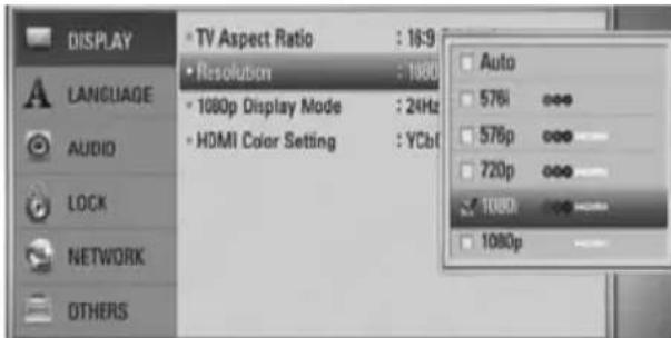 DISPLAY • TV Aspect Ratio : 16.9 • Resolution : 1000 • 1000p Display Mode : 24Hz • HDMI Color Setting : YCb Auto 576i 576p 720p 1080 1080p LANGUAGE AUDIO LOCK NETWORK OTHERS