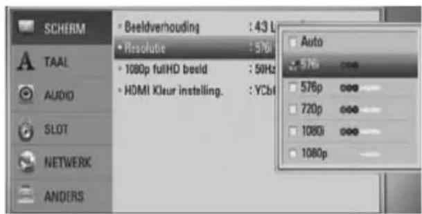 SCHERM TAAL AUDIO SLOT NETWERK ANDERS Beeldverhouding : 43 L Resolube : 576 1080p fullHD beeld : 50Hz HDMI Kleur instelling. : YCb Auto 576 576p 720p 1080i 1080p