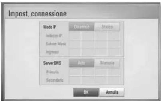 Impost. connessione Modo IP Oramico Stato Indiczo IP Subnet Mpsi Ingrued Server DNS Auto Manual Primario Secondaria OK Annula