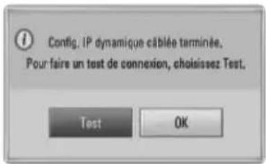Config: IP dynamique câblée terminée. Pour faire un test de connexion, choisissez Test.