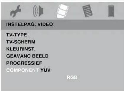 INSTELPAG. VIDEO TV-TYPE TV-SCHERM KLEURINST. GEAVANC BEELD PROGRESSIEF COMPONENT YUV RGB