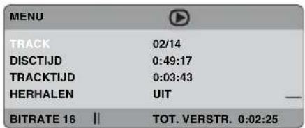 MENU TRACK 02/14 DISCTIJD 0:49:17 TRACKTIJD 0:03:43 HERHALEN UIT BITRATE 16 || TOT. VERSTR. 0:02:25