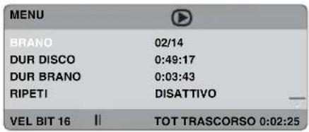 MENU BRANO 02/14 DUR DISCO 0:49:17 DUR BRANO 0:03:43 RIPETI DISATTIVO VEL BIT 16 || TOT TRASCORSO 0:02:25