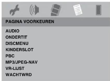 PAGINA VOORKEUREN AUDIO ONDERTIT DISCMENU KINDERSLOT PBC MP3/JPEG-NAV VR-LIJST WACHTWRD