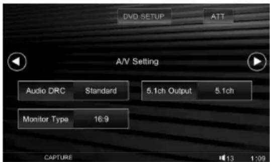 IMPOSTAZIONE DVD ATT Impostazione A/V Audio DRC Standard Uscita 5.1ch Uscita 5.1ch Tipo monitor 16:9 CAPTURE 13 1:09