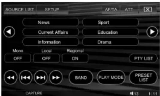 SOURCE LIST SETUP AF/TA ATT News Sport Current Affairs Education Information Drama Mono Local Regional OFF OFF ON PTY LIST BAND PLAY MODE PRESET LIST CAPTURE 1:13 1:11