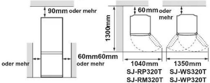 90mm oder mehr 1300mm 60mm oder mehr 60mm60mm oder mehr 1040mm 1350mm SJ-RP320T SJ-WS320T SJ-RM320T SJ-WP320T