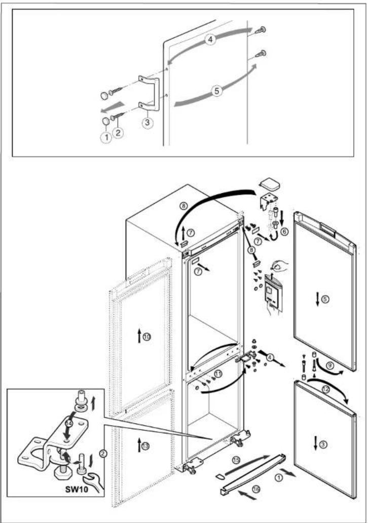 Technical diagram illustrating the assembly of a refrigerator with numbered components and directional arrows indicating motion.