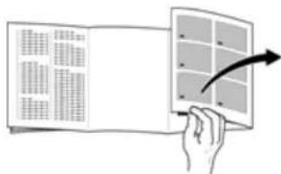 Illustration showing a hand holding a document with a grid layout and an arrow indicating direction or transformation.