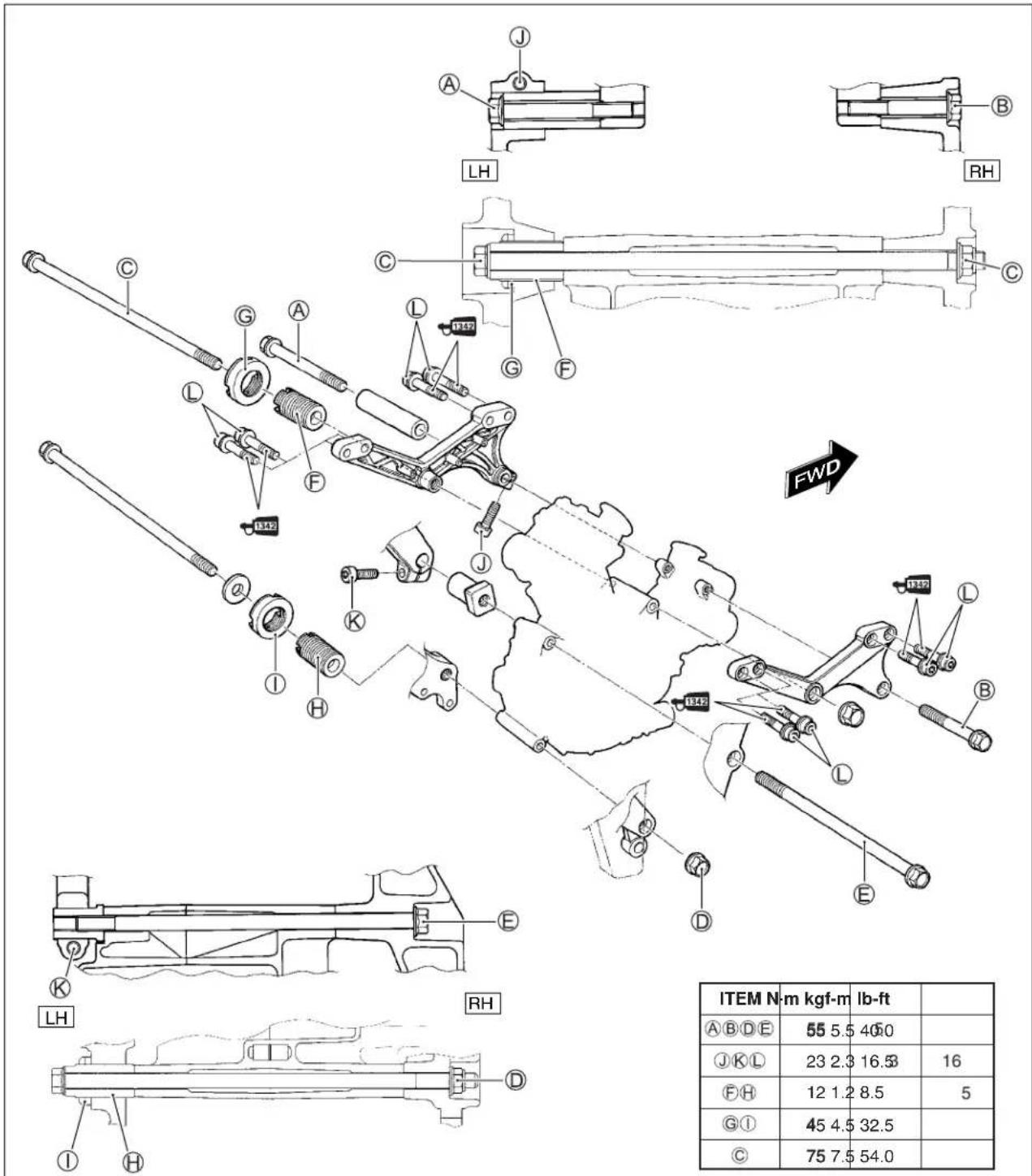 LH RH FWD C G A L E127 G F C J K I H E D E L B L E127 C L E LH RH D C LH I H ITEM N-m kgf-m lb-ft A B D E 55 5.5 40.0 J K L 23 2.3 16.5 16 F H 12 1.2 8.5 5 G I 45 4.5 32.5 C 75 7.5 54.0