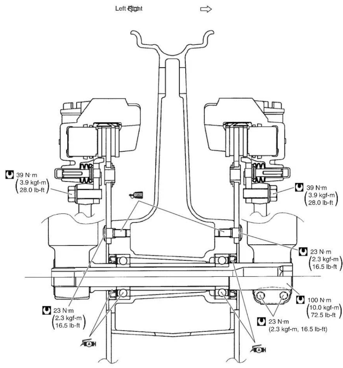Left Right 39 N·m (3.9 kgf·m) (28.0 lb·ft) 39 N·m (3.9 kgf·m) (28.0 lb·ft) 23 N·m (2.3 kgf·m) (16.5 lb·ft) 100 N·m (10.0 kgf·m) (72.5 lb·ft) 23 N·m (2.3 kgf·m) (16.5 lb·ft)