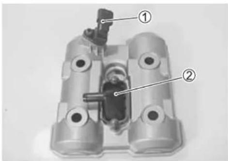 Technical diagram of a mechanical component with numbered parts labeled ① and ②