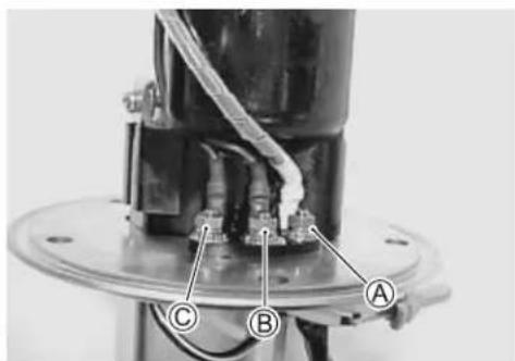 Technical diagram of a mechanical assembly with labeled components A, B, and C