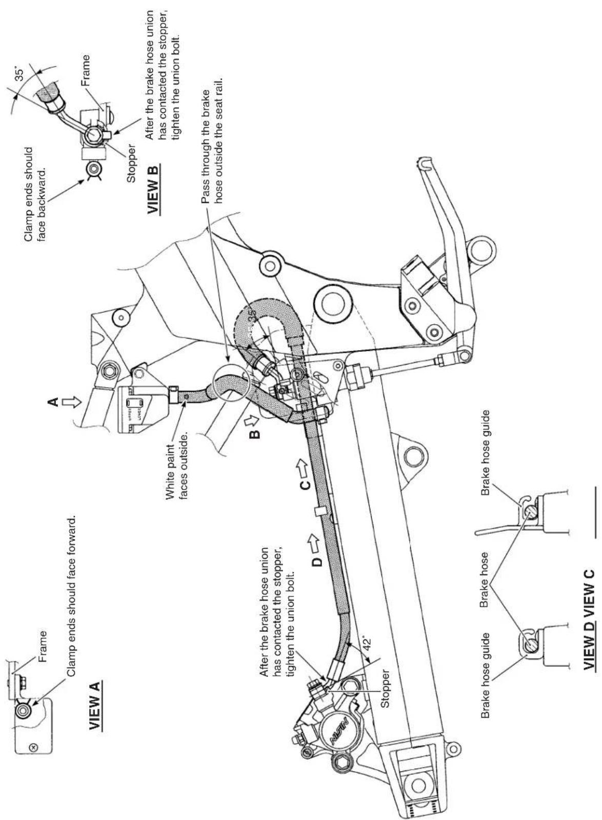 Frame Clamp ends should face forward. VIEW A A White paint faces outside. B 42° Stopper After the brake hose union has contacted the stopper, tighten the union bolt. C D View B Clamp ends should face backward. 35° Frame Stopper After the brake hose union has contacted the stopper, tighten the union bolt. Pass through the brake hose outside the seat rail. BRAKE HOSE GUIDE Brake hose Brake hose guide VIEW D VIEW C