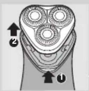 Diagram of a multi-pin electric shaver with labeled parts 1 and 2, showing internal gear structure.