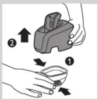Illustration showing two-step instructions for a hand holding a device, with arrows indicating motion and movement steps.