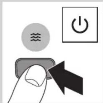 Diagram showing a finger pressing a button with icons for water level, power button, and directional arrow