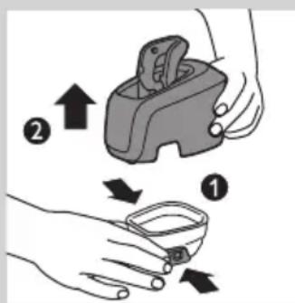 Diagram illustrating two-step instructions for handling a device, labeled with arrows and numbered positions (1 and 2).