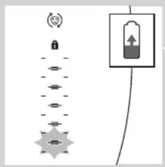 Diagram showing battery charging process with icons for lock, power, and connection points