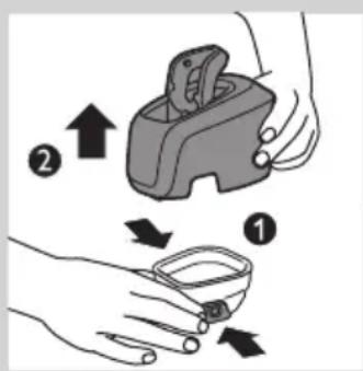 Diagram illustrating two-step instructions for handling a device, labeled with arrows and numbered steps ① and ②.