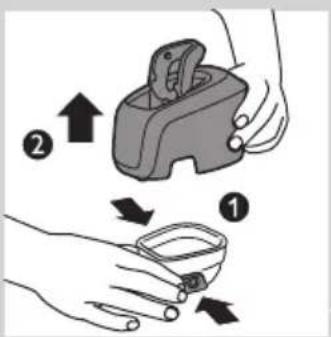 Diagram illustrating two-step instructions for handling a device, labeled with arrows and numbered steps ① and ②.