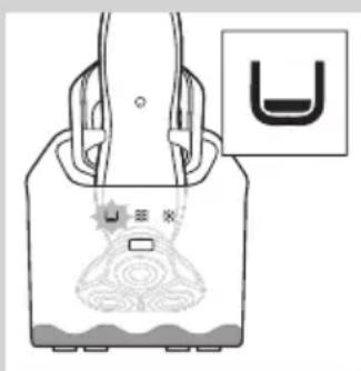 Illustration of a handbag with a U-shaped symbol and abstract patterns on the side (no text or symbols)