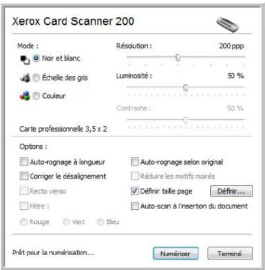 Xerox Card Scanner 200 Mode : Noir et blanc Échelle des gris Couleur Résolution : 200 ppp Luminosité : 50 % Contraste : 50 % Carte professionnelle 3,5 x 2 Options : Auto-rognage à longueur Corriger le désalignement Recto verso Filtre : Rouge Vert Bleu Auto-rognage selon original Réduire les motifs moirés Définir taille page Définir... Auto-scan à l'insertion du document Prêt pour la numérisation... Numérer Terminé