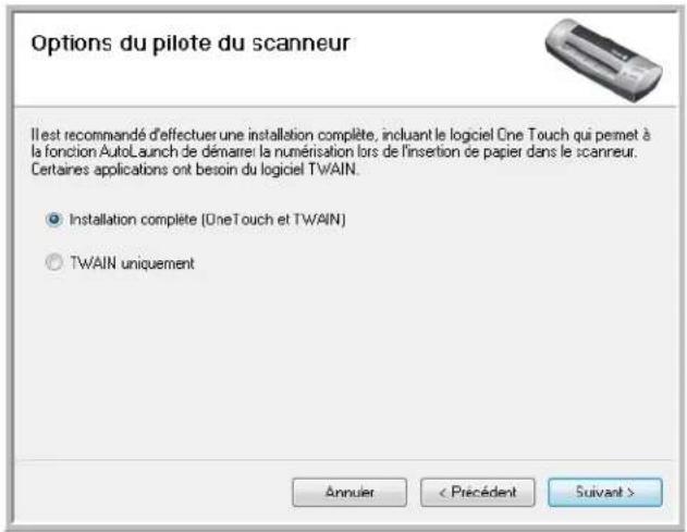 Options du pilote du scanneur Il est recommandé d'effectuer une installation complète, incluant le logiciel One Touch qui permet à la fonction AutoLaunch de démarer la numérisation lors de l'insertion de papier dans le scanneur. Certaines applications ont besoin du logiciel TWAIN. ● Installation complète (OneTouch et TWAIN) ○ TWAIN uniquement Annuier < Précédent Suivant >