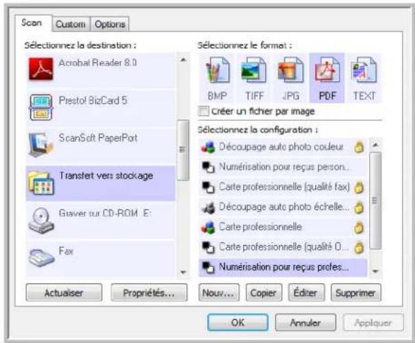Scan Custom Options Sélectionnez la destination : Acrobat Reader 8.0 Prestol BigCard 5 ScanSoft PaperPort Transfet vers stockage Graver sur CD-ROM E: Fax Actualiser Propriétés... Sélectionnez le format : BMP TIFF JPG PDF TEXT créer un fichier par image Sélectionnez la configuration : Découpage auto photo couleur Numérisation pour reçus person... Carte professionnelle (qualité fax) Découpage auto photo échelle... Carte professionnelle Carte professionnelle (qualité 0... Numérisation pour reçus profes... OK Annuler Appliquer